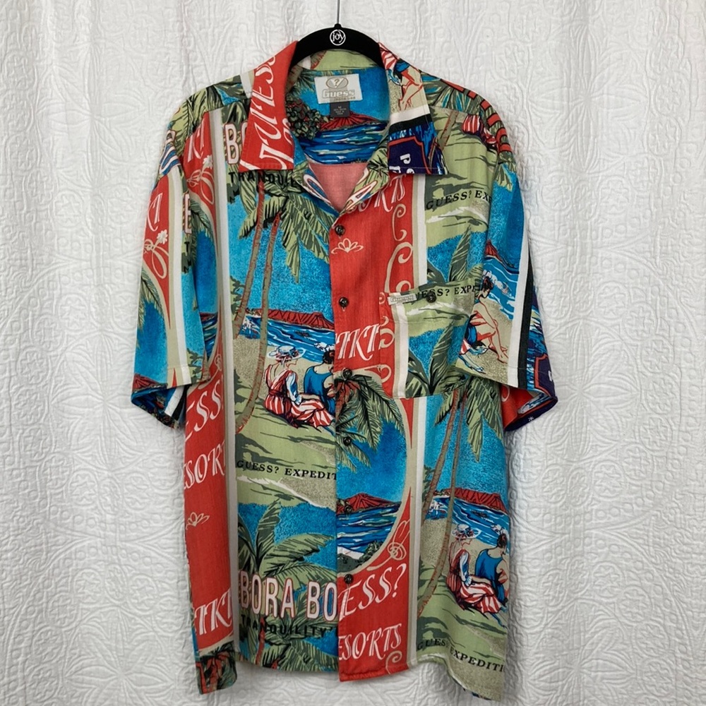 Guess Jeans USA VTG Bora Bora Waikiki Resorts Men's Hawaiian Shirt sz Medium